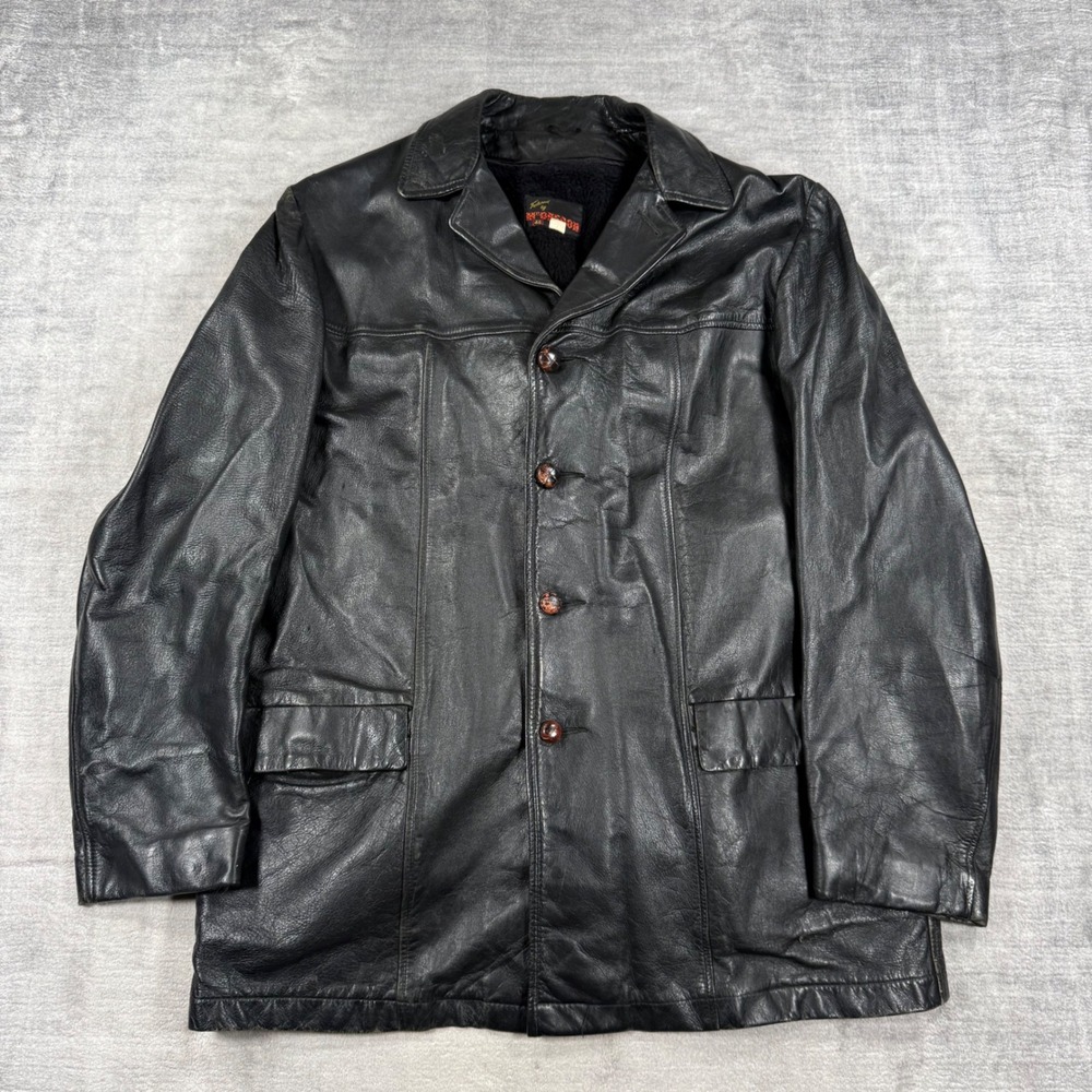 Vintage McGregor Jacket Mens 46 Long Black 60s Leather Faux Fur Lined Distressed